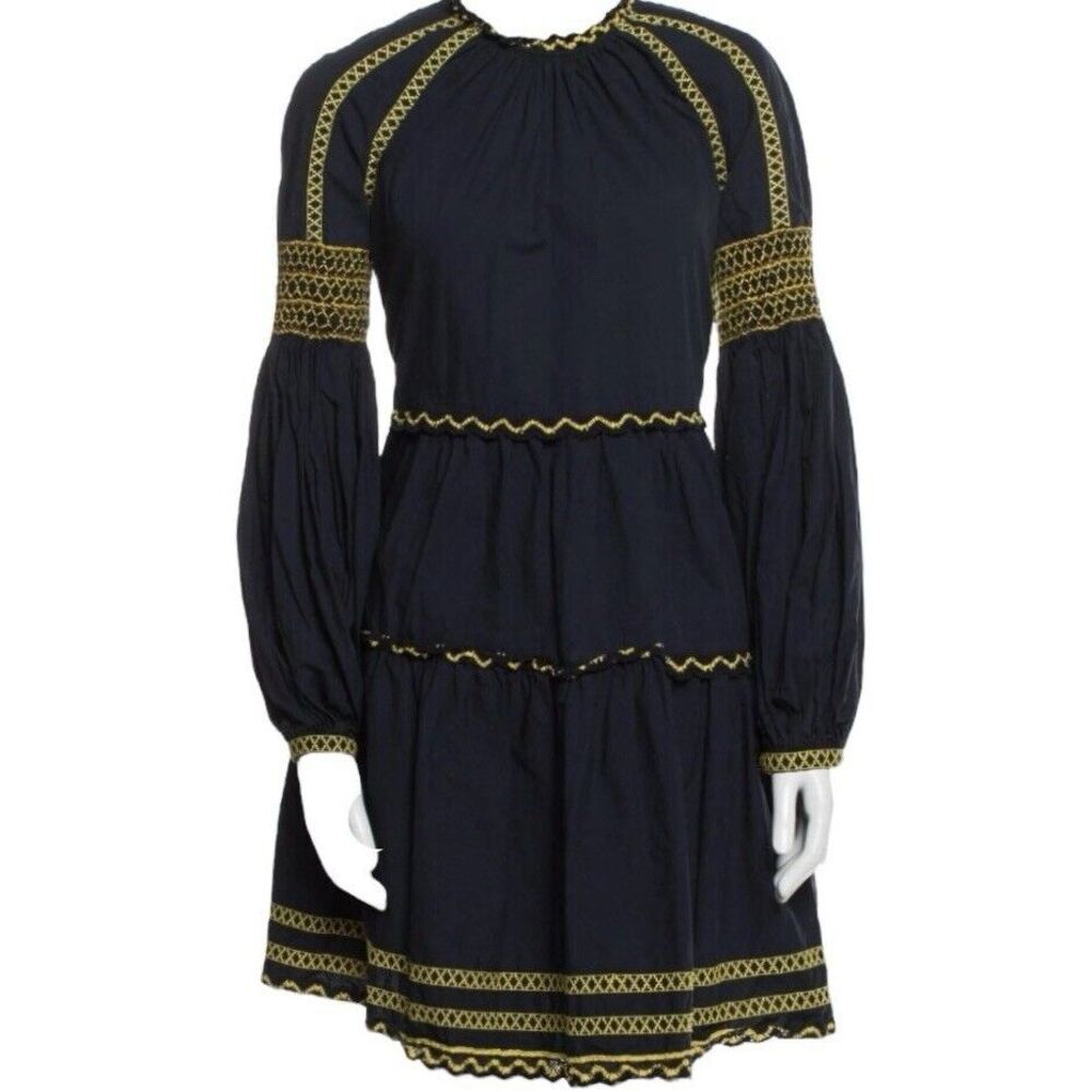 Women's Ulla Johnson Dress 0 xs Cotton Navy Blue Yellow Embroidered Midi Pockets